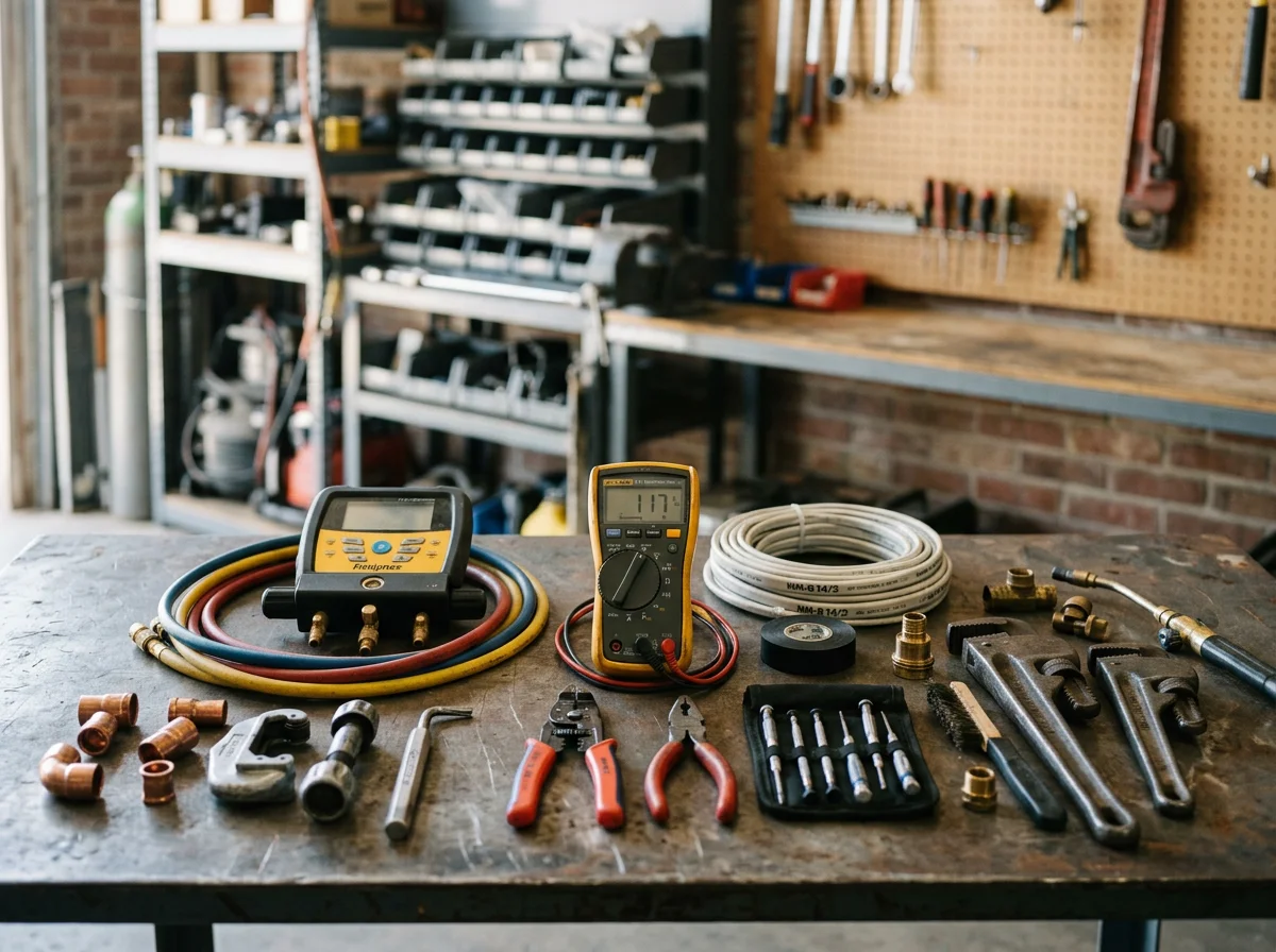 Construction tools and equipment arranged on a work surface, representing the range of trades offered by a multi-skilled construction team.