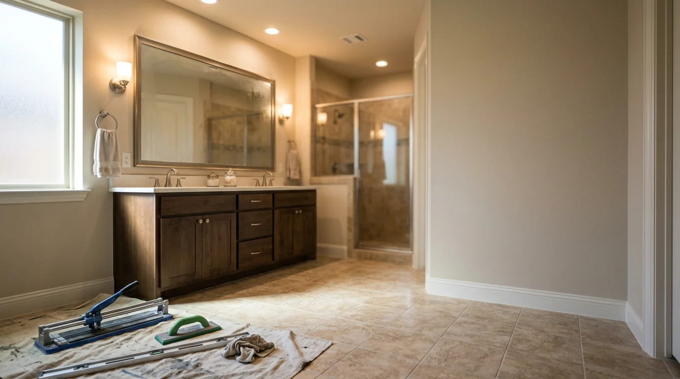 Renovated bathroom with new tile flooring and modern fixtures