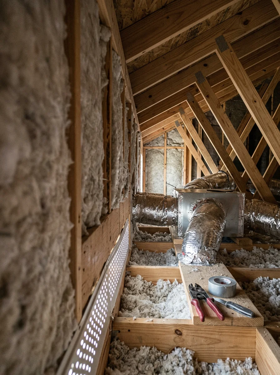 An HVAC technician checking ductwork connections in the attic of a newly built New Braunfels home in a master-planned community.