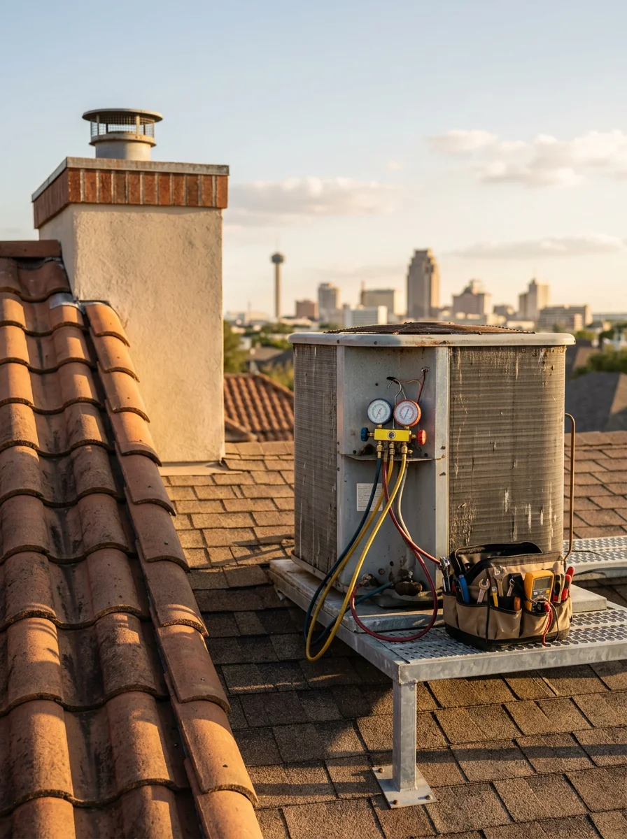A technician servicing a rooftop HVAC unit on a San Antonio residential property during summer, with the city skyline visible in the background.