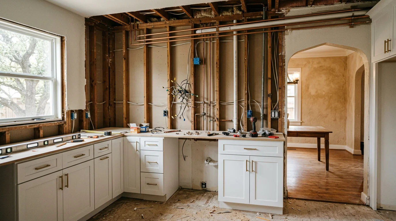 A kitchen remodel in progress inside a San Antonio home, showing new cabinetry installation and exposed electrical wiring before drywall.