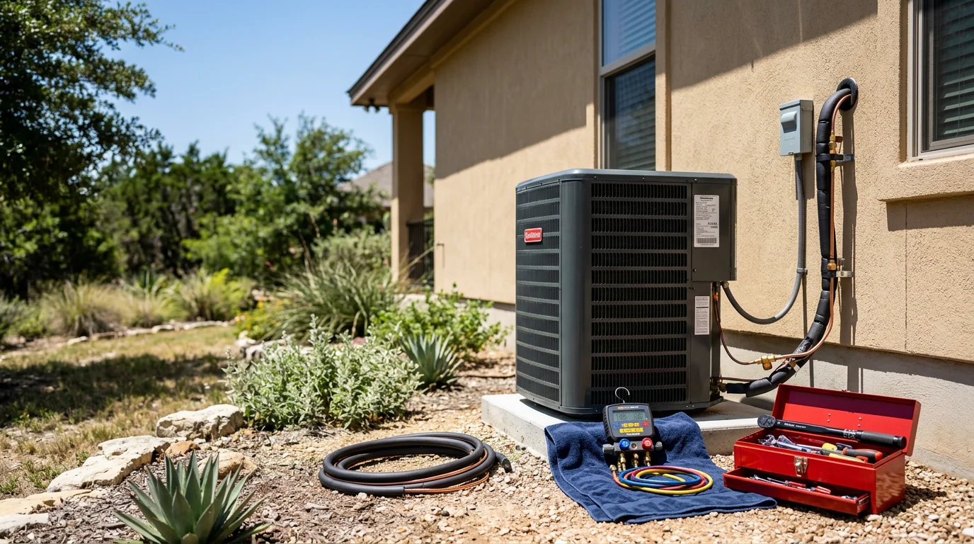 A new central air conditioning condenser unit installed on the side of a residential home in San Antonio, Texas, with clean copper line sets and a finished concrete pad. A technician checks system connections on a clear, sunny day typical of the South Texas climate.