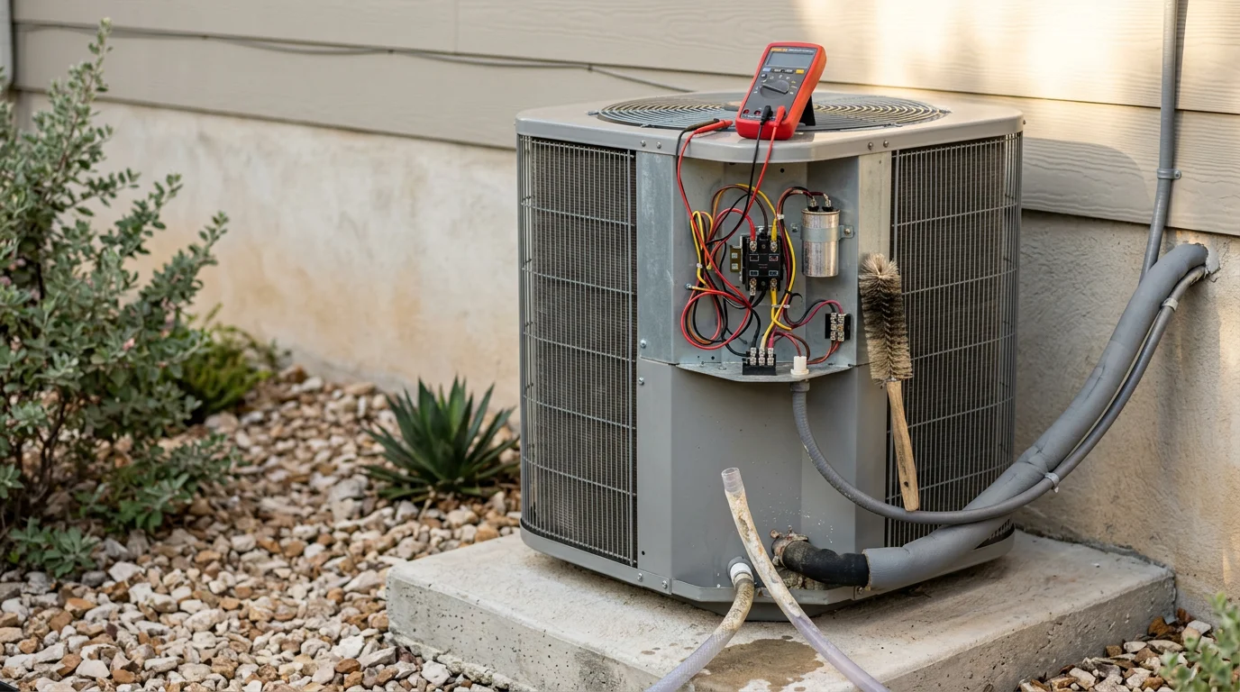 An HVAC technician inspecting and cleaning the outdoor condenser unit of a residential air conditioning system in San Antonio, Texas. The unit sits beside a single-family home on a clear, sunny day typical of South Texas.