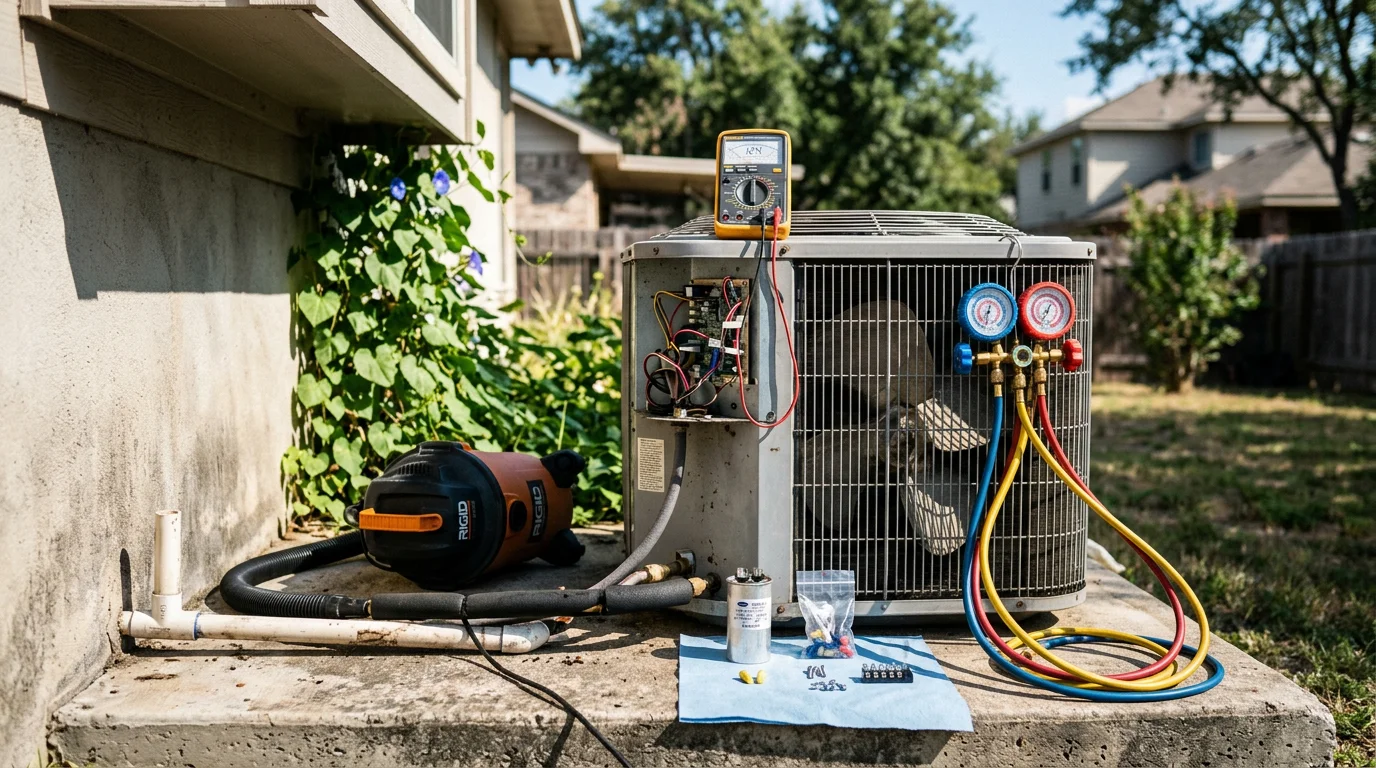 An HVAC technician inspecting a residential air conditioning unit at a San Antonio home, checking the outdoor condenser components during a repair visit.