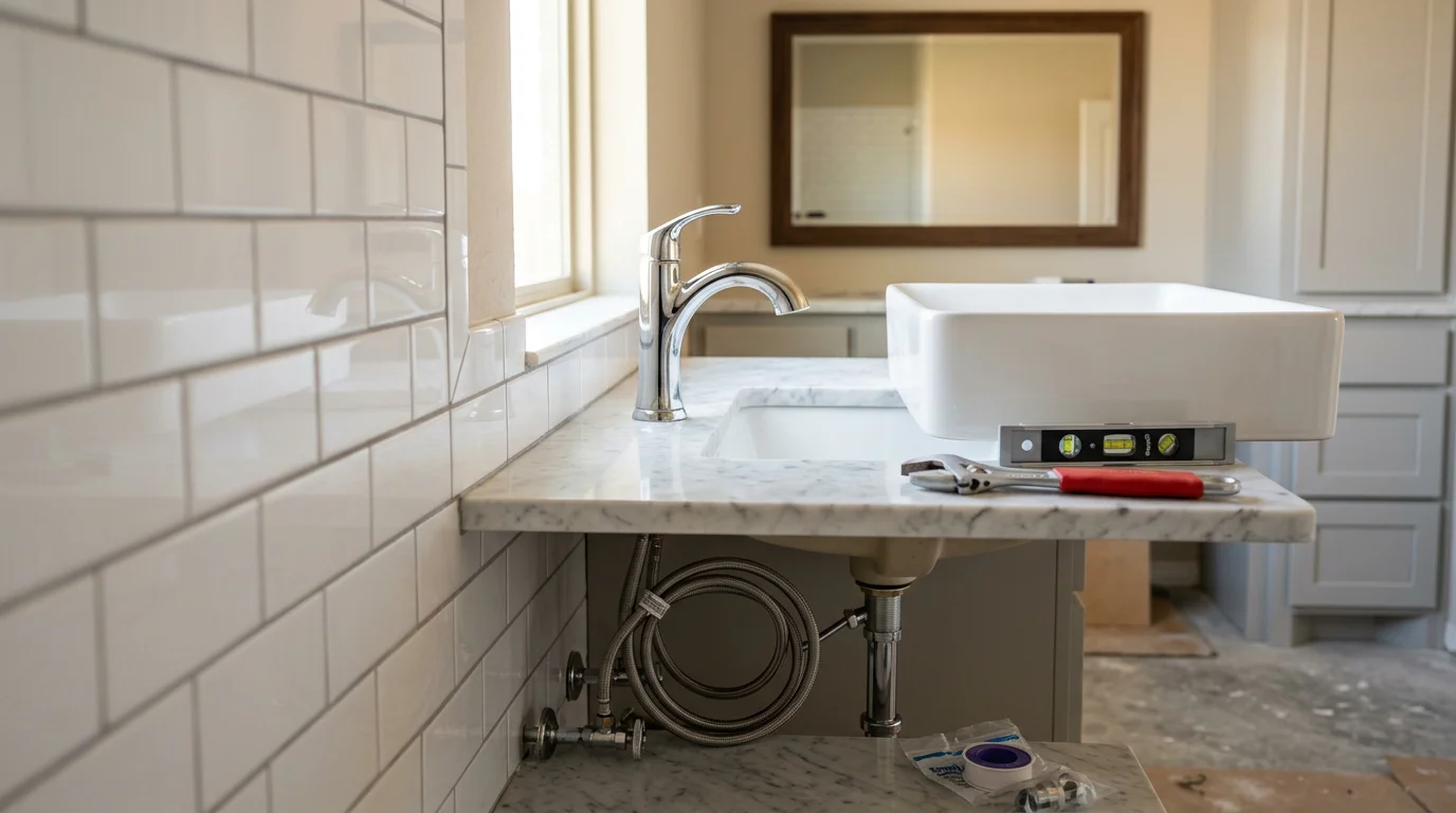 A newly installed bathroom faucet and vessel sink in a San Antonio home, with clean supply line connections and finished countertop surround. BPM Construction Group bathroom fixture installation serving San Antonio, New Braunfels, and Boerne, Texas.