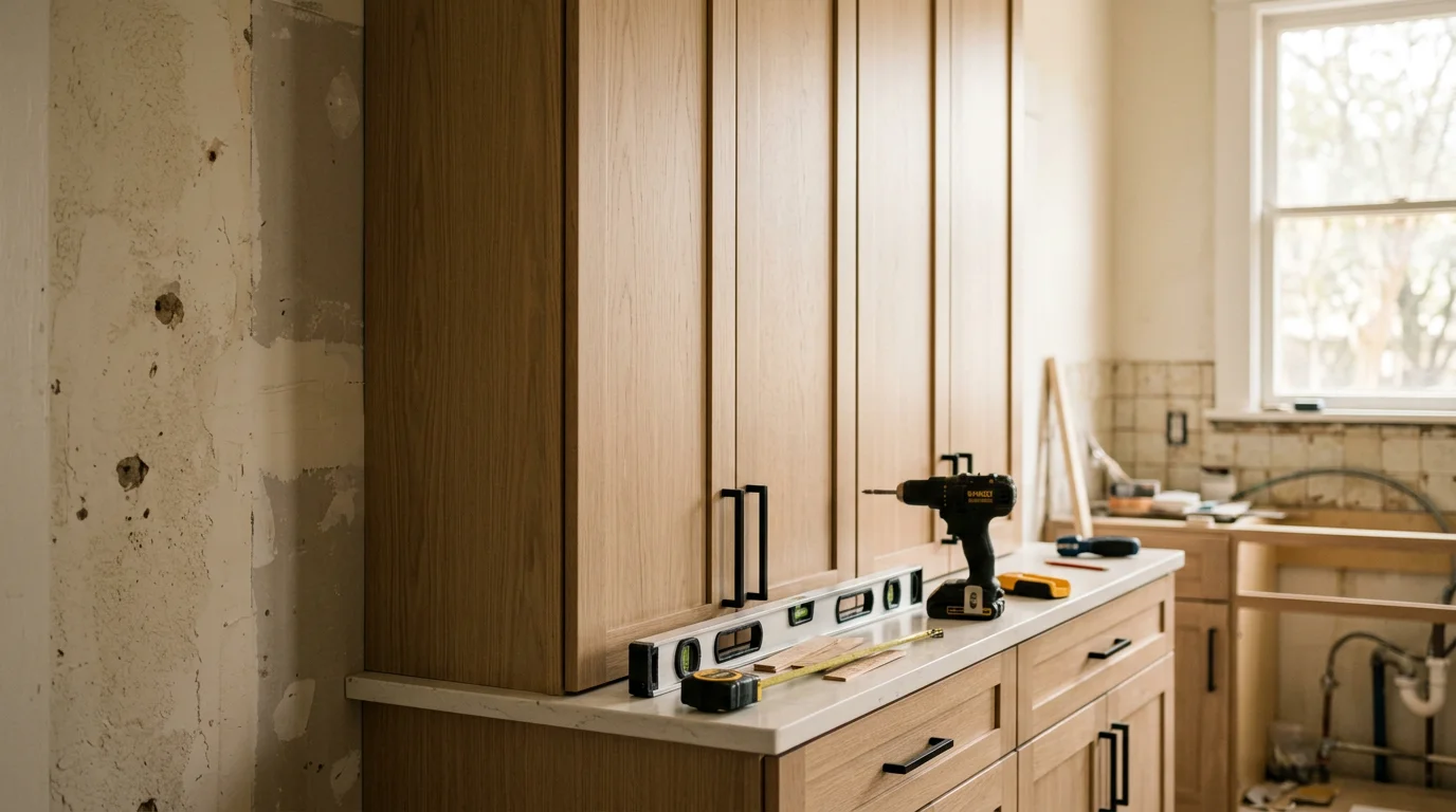 Newly installed shaker-style kitchen cabinets in a San Antonio home remodel, showing level upper and base cabinet runs with clean filler strips along the wall. BPM Construction Group cabinet installation work in the San Antonio, Texas area.