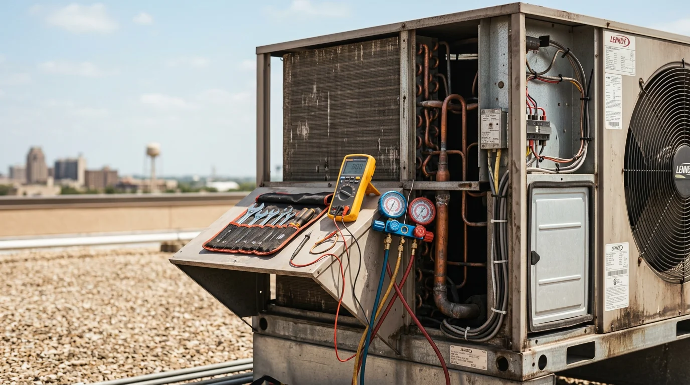 A commercial rooftop HVAC unit being inspected on a flat-roof office building in San Antonio, Texas. A technician checks the system components under clear Texas sky.