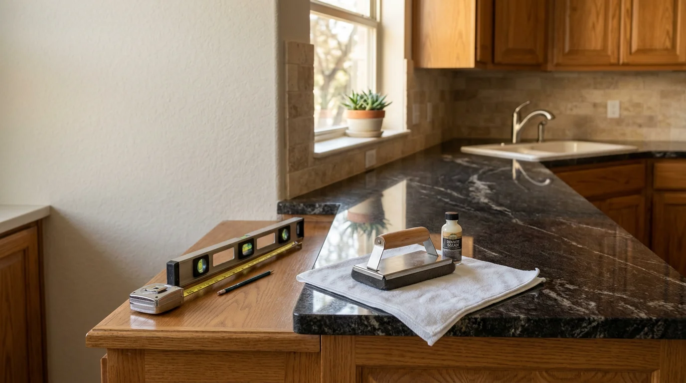 Newly installed granite countertop on white kitchen cabinets in a San Antonio home, with clean edge profile and flush fit against the backsplash wall. Close-up shows the natural stone surface texture and polished finish ready for daily use.
