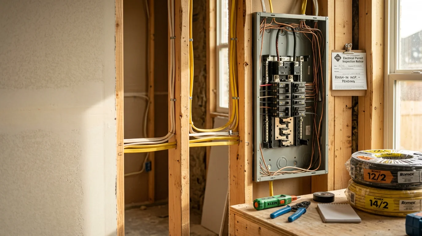An electrician installing new wiring and circuit connections inside a residential new construction home in San Antonio, Texas. Exposed wall framing shows organized conduit runs and junction boxes ready for inspection.