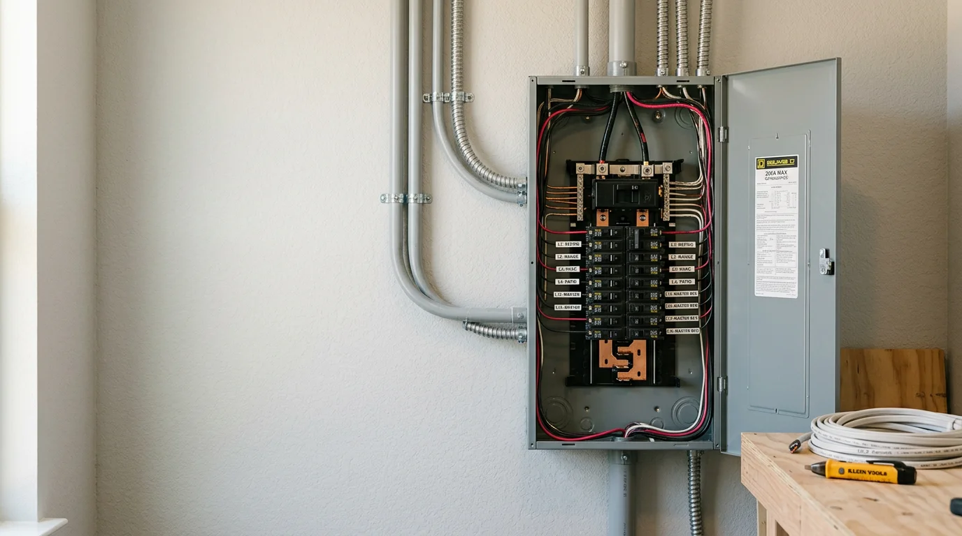A newly installed 200-amp main electrical panel with organized circuit breakers inside a San Antonio home. A BPM Construction Group electrician inspects the completed panel upgrade in a residential utility room.
