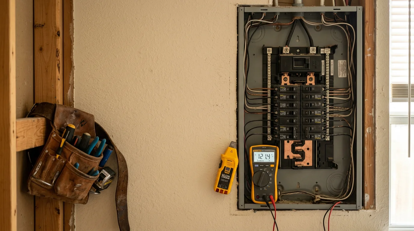 An electrician inspecting an open residential electrical panel in a San Antonio home, checking circuit breakers and wiring connections for faults.