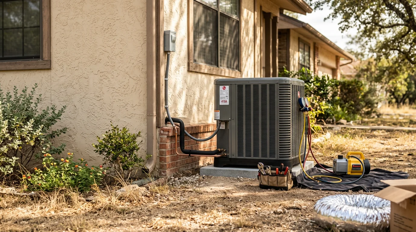 A newly installed outdoor HVAC condenser unit beside a single-family home in San Antonio, Texas, with a clear blue sky in the background. A technician checks the unit connections during the final stages of a full system replacement.