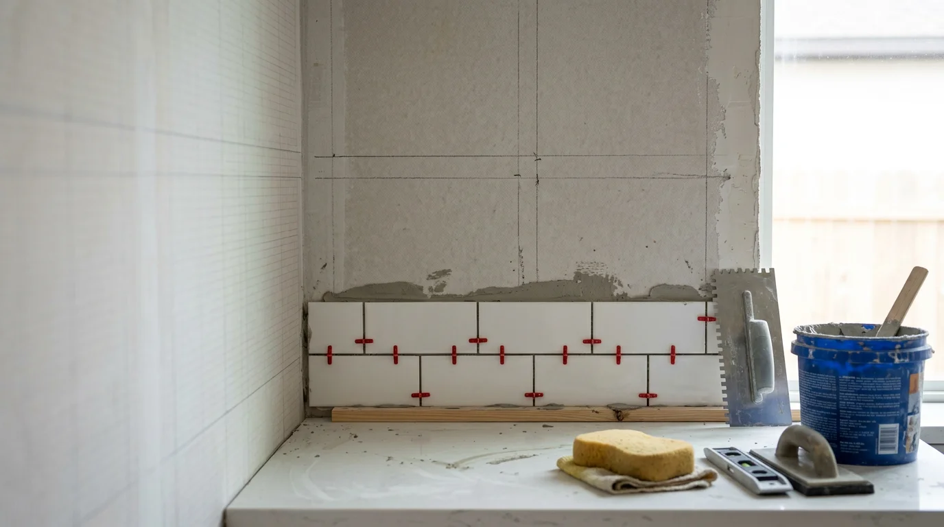 Freshly installed ceramic tile kitchen backsplash in a San Antonio home, showing clean grout lines and consistent tile spacing above the countertop. The installation runs from the countertop surface to the underside of the upper cabinets with uniform joint width throughout.