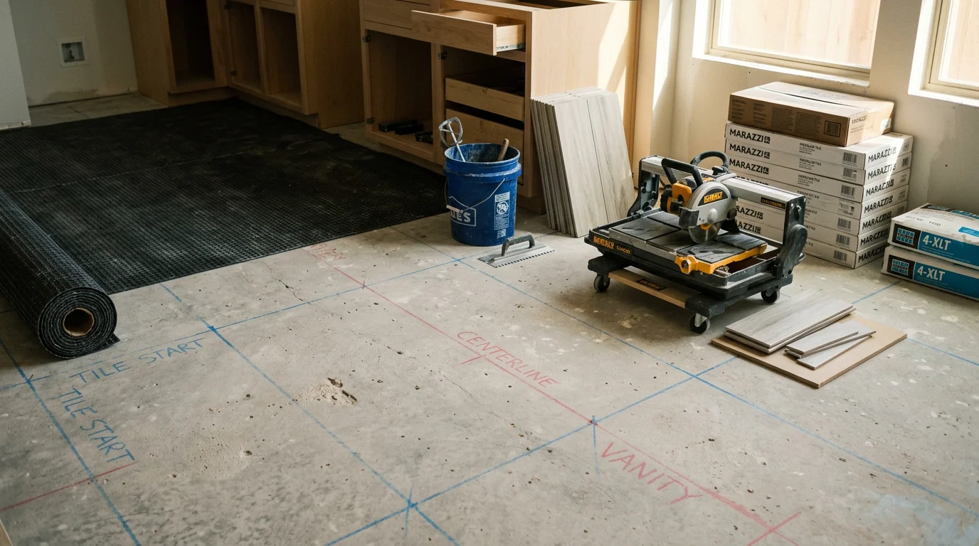 Freshly installed kitchen flooring in a San Antonio home, showing a clean, even surface ready for daily use. The kitchen features a smooth, moisture-resistant floor that complements the surrounding cabinetry and countertops.