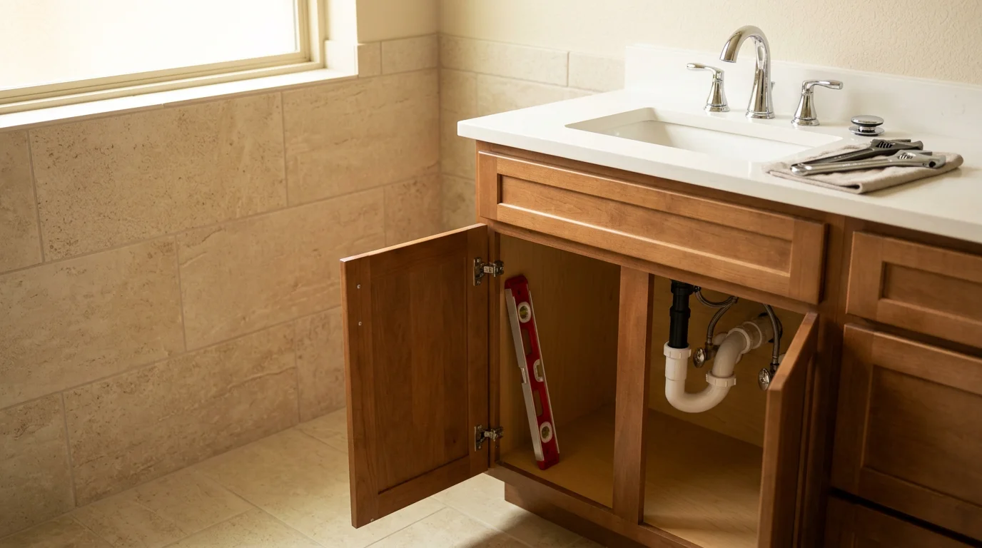 A newly installed bathroom vanity with an undermount sink and countertop in a San Antonio home, showing level cabinet alignment and finished drain connections beneath the basin.