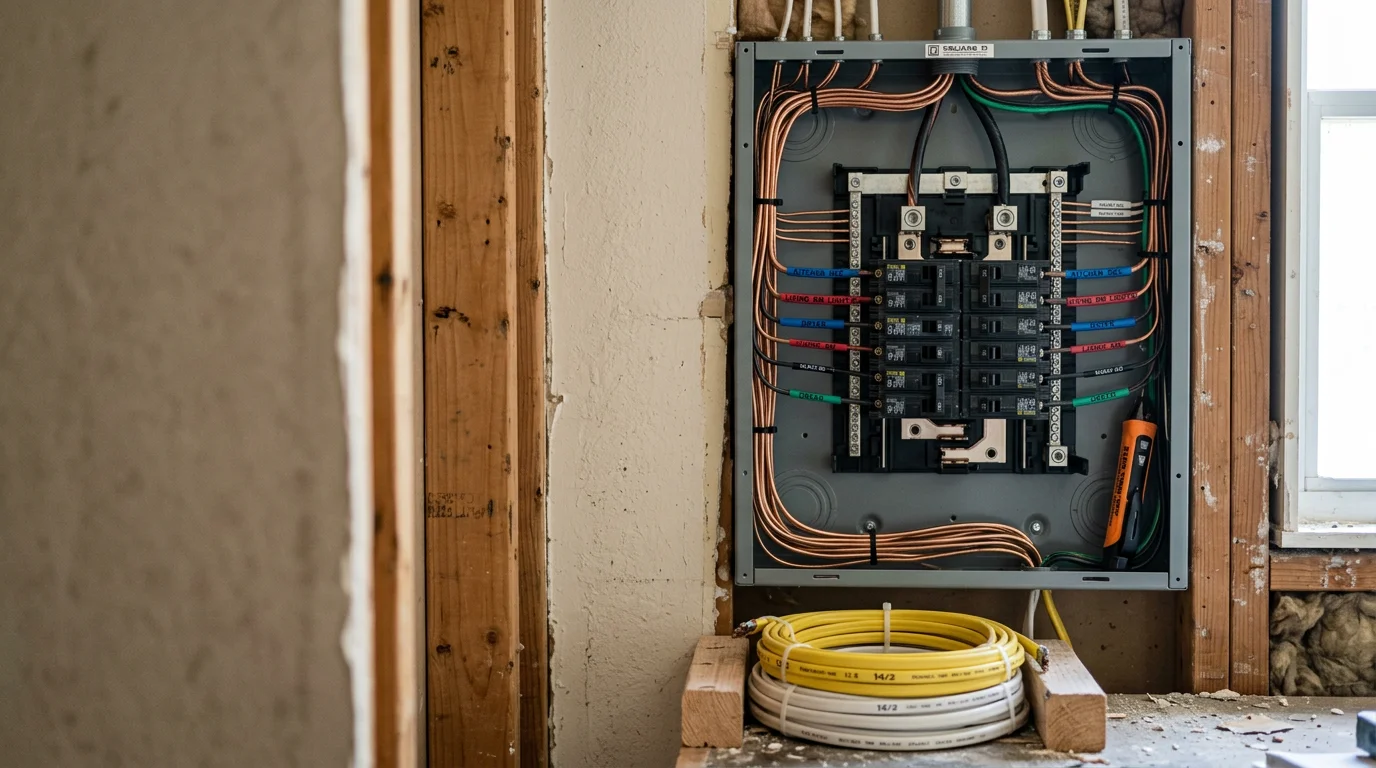 An electrician running new wiring through an attic access point in a San Antonio residential home during a whole-home rewiring project. Neatly routed cables connect to a residential electrical panel in a clean, organized installation.